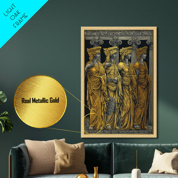 Ancient Greek Caryatids Metallic Gold Metal Print, Classical Architecture Wall Art, Real Wood Frame Home Decor