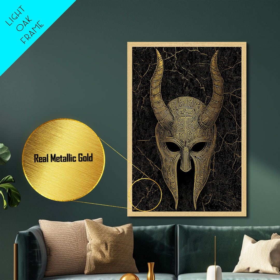 Horned Spartan Helmet Metallic Gold Art, Mythology Warrior Metal Print, Real Wood Frame Greek Wall Decor