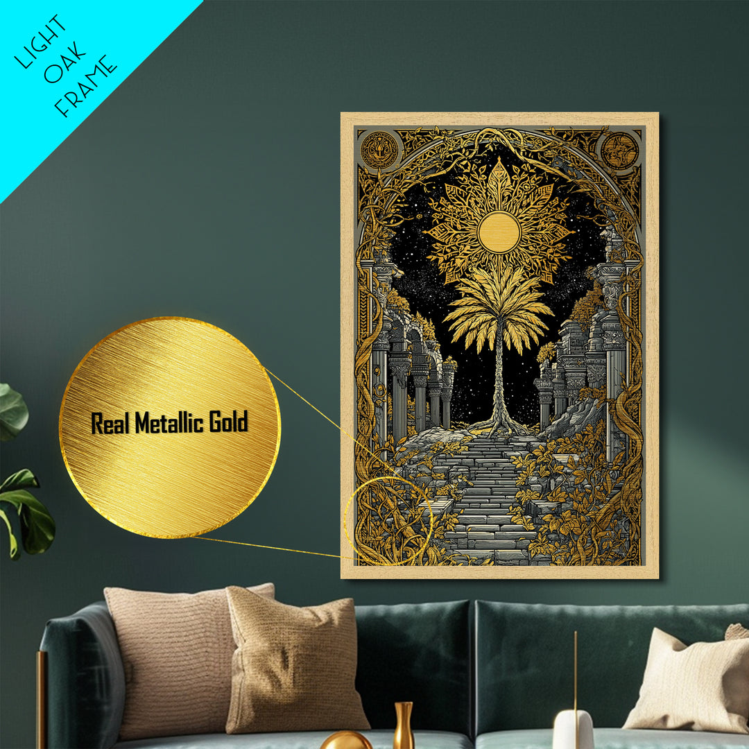 Golden Sun And Palm Metallic Gold Metal Print, Mythical Ruins Wall Art, Real Wood Frame Ancient Greece Decor