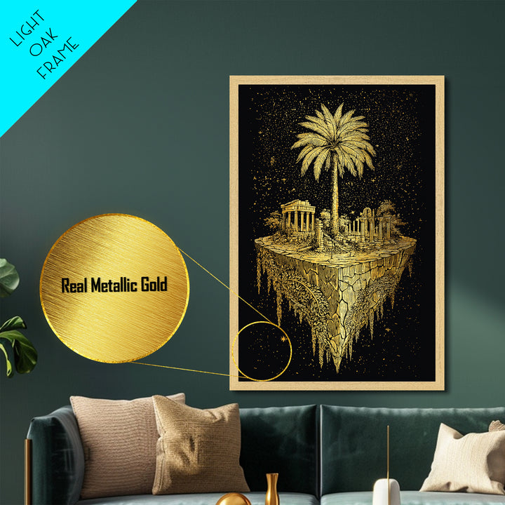 Floating Island Ruins Metallic Gold Art, Ancient Greek Temple Metal Print, Real Wood Frame Mythology Decor