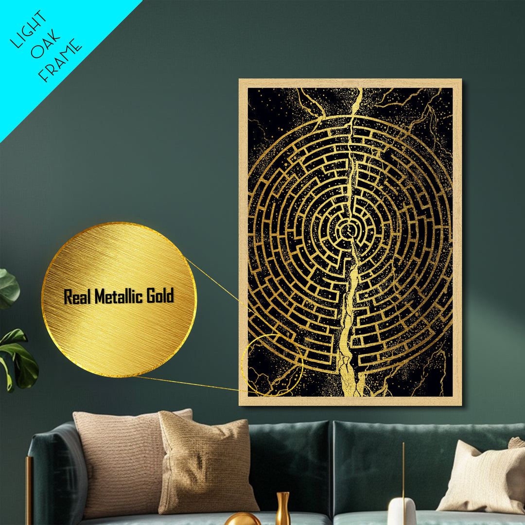 Circular Labyrinth Metallic Gold Art, Ancient Greek Maze Metal Print, Real Wood Frame Mythology Wall Decor