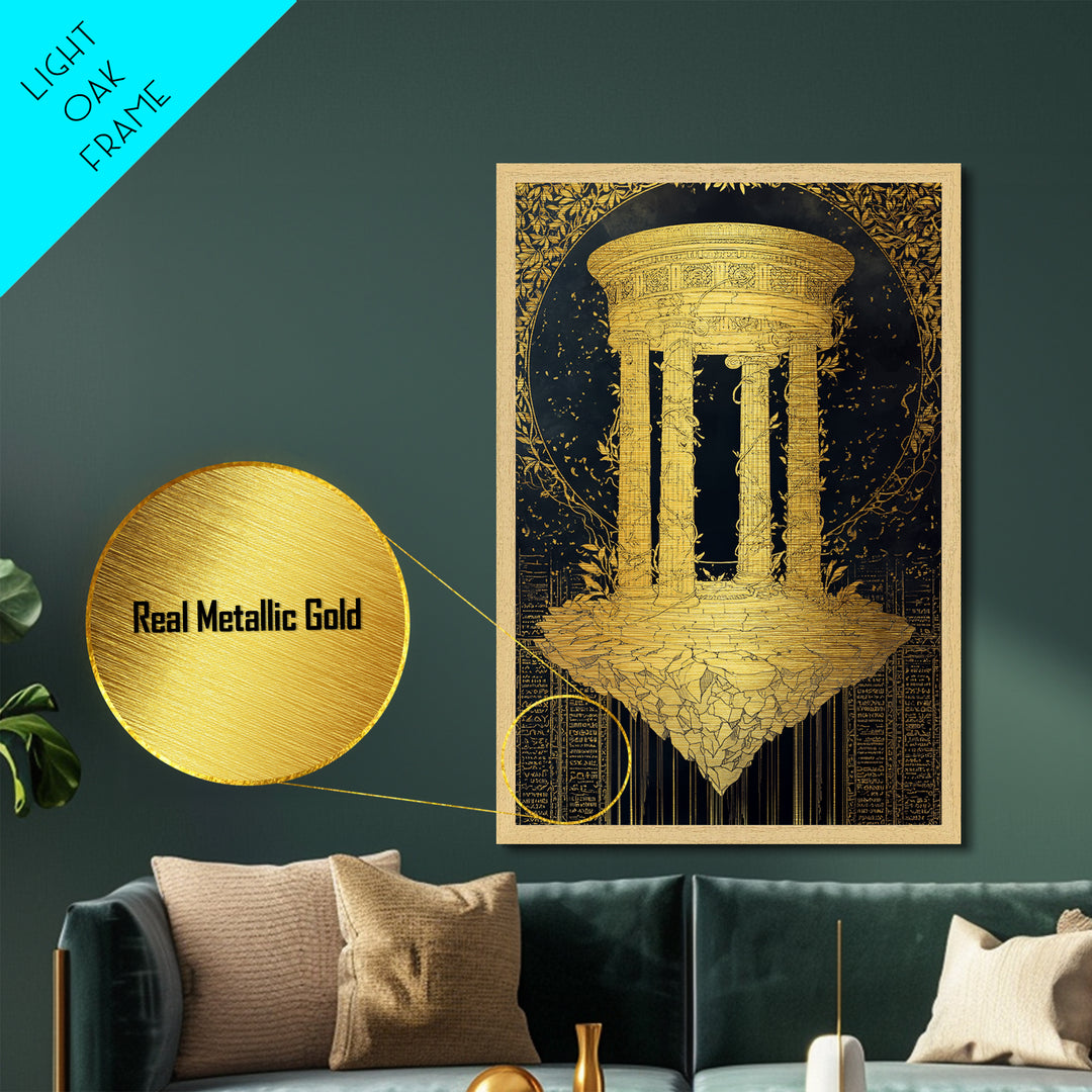 Floating Temple Metallic Gold Metal Print, Classical Architecture Art, Real Wood Frame Ancient Greece Decor