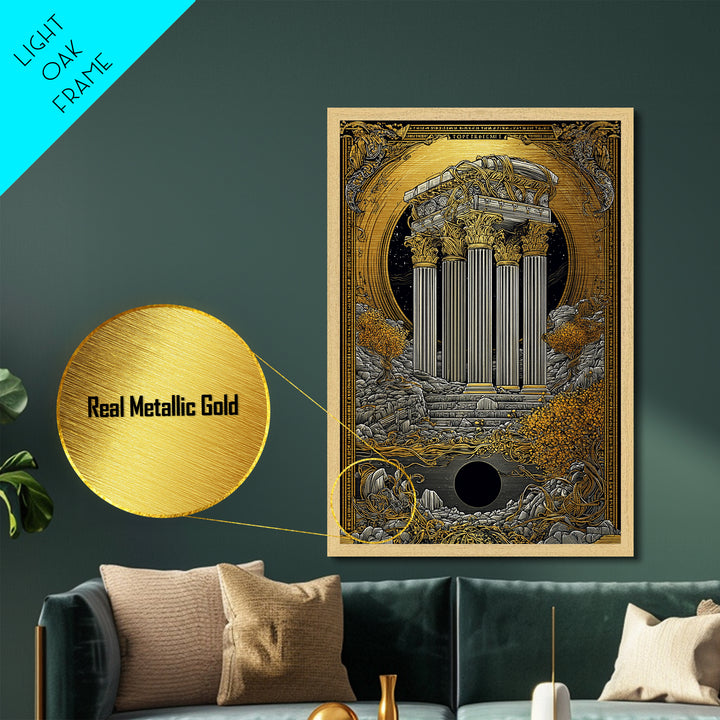 Ancient Greek Columns Metallic Gold Art, Ruins Wall Decor Metal Print, Real Wood Frame Classical Architecture
