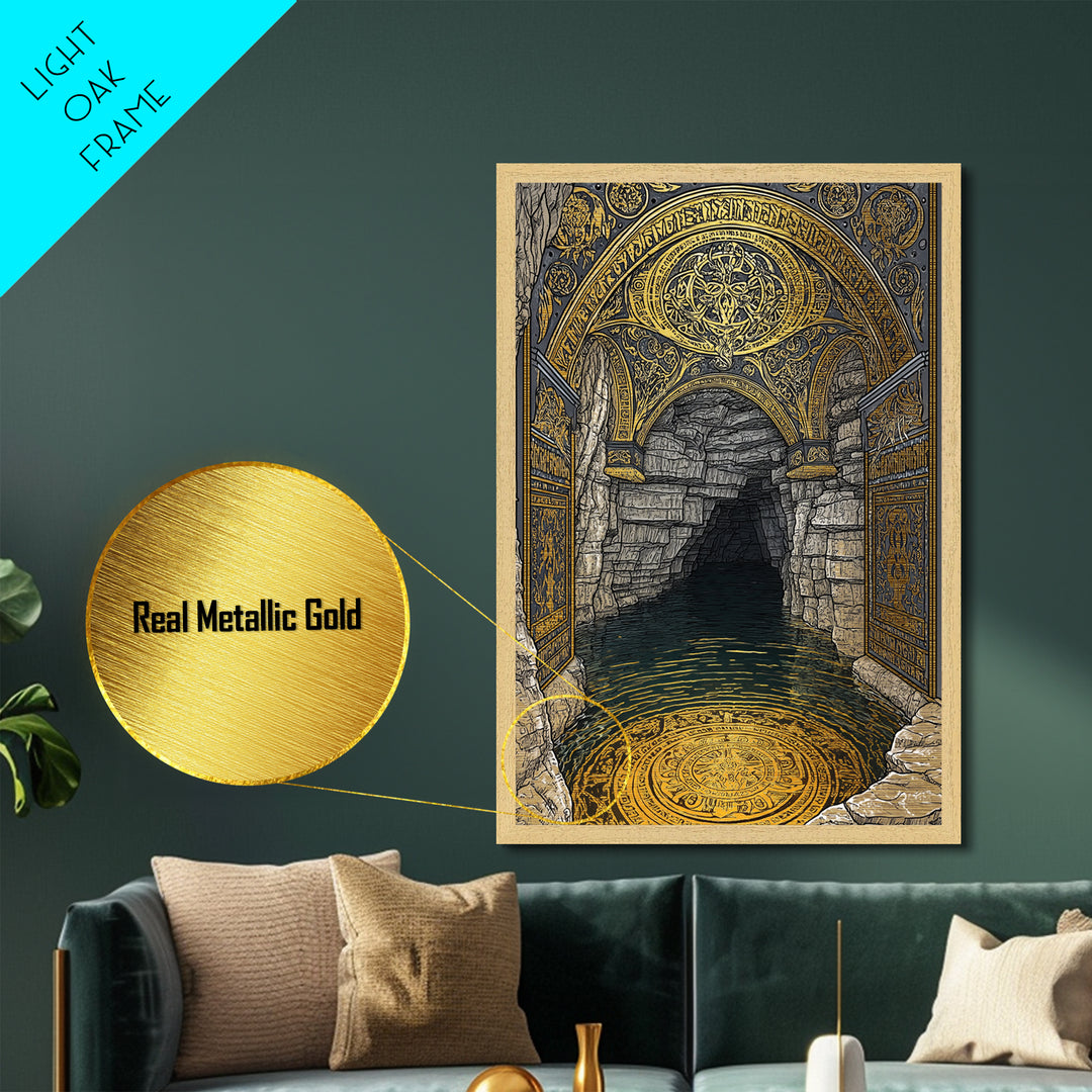 Golden Cave Entrance Metallic Gold Metal Print, Mythology Inspired Wall Art, Real Wood Frame Ancient Greece Decor