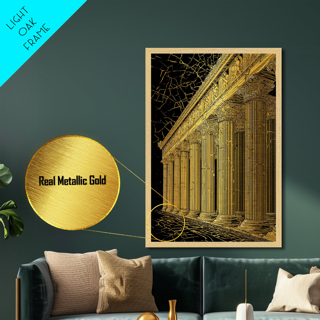 Ancient Parthenon Columns Metallic Gold Art, Classical Ruins Wall Decor, Real Wood Frame Metal Print Decor