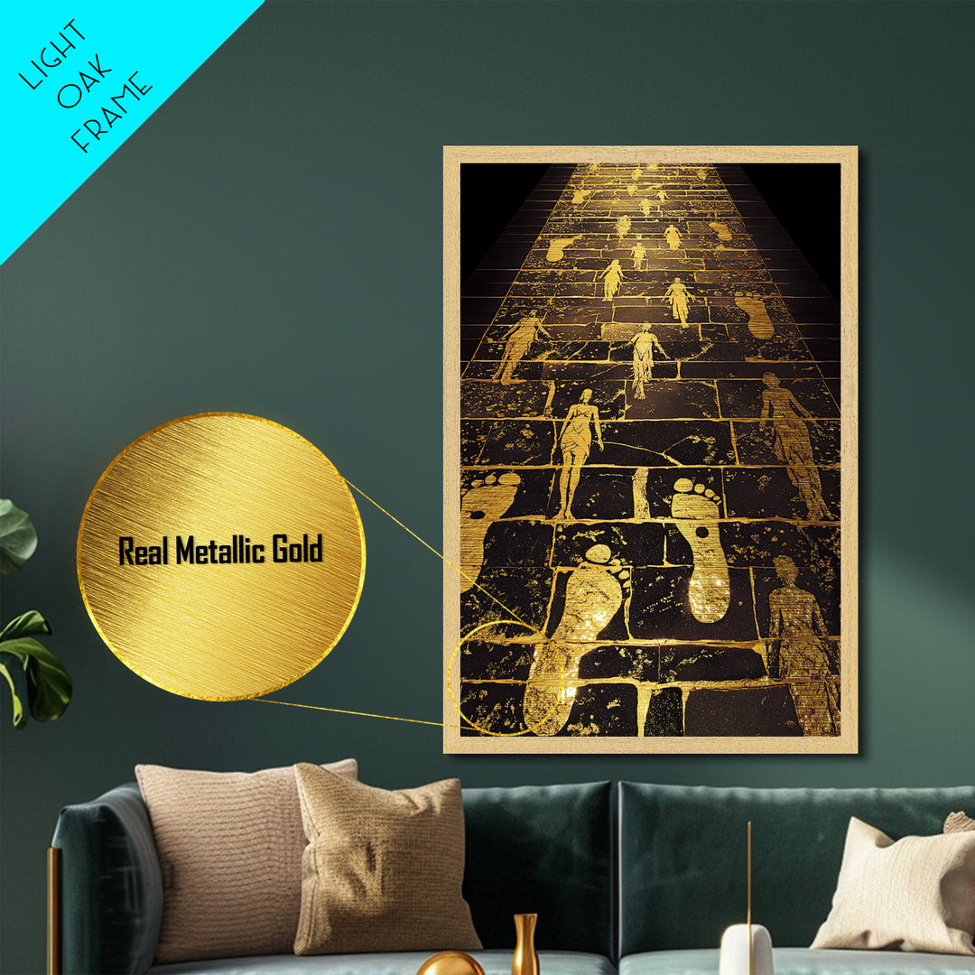 Golden Pathway Of Eternity, Mythic Footsteps, Metallic Gold Metal Print, Real Wood Frame Wall Art