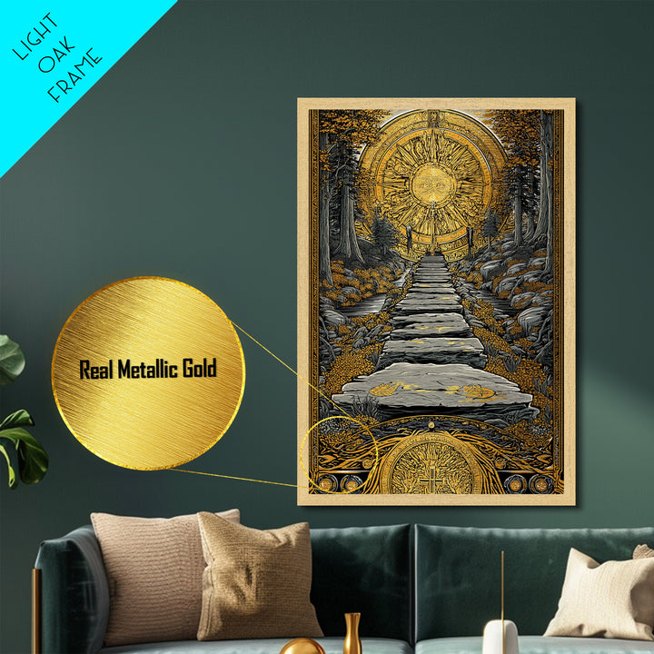 Celestial Gate, Mystical Sun Mandala, Path Of Light, Metallic Gold Metal Print, Real Wood Frame Wall Art