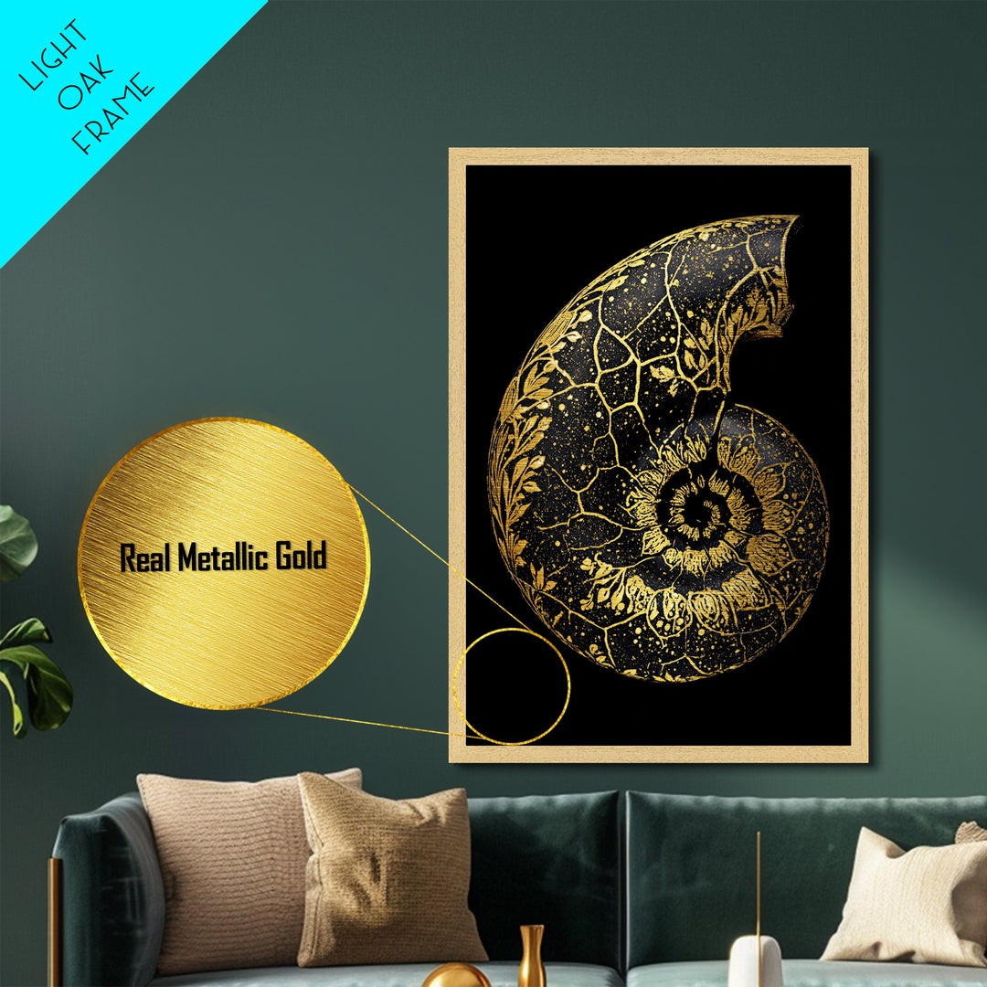 Golden Nautilus Fossil, Nature Inspired Abstract, Metallic Gold Metal Print, Real Wood Frame Wall Art