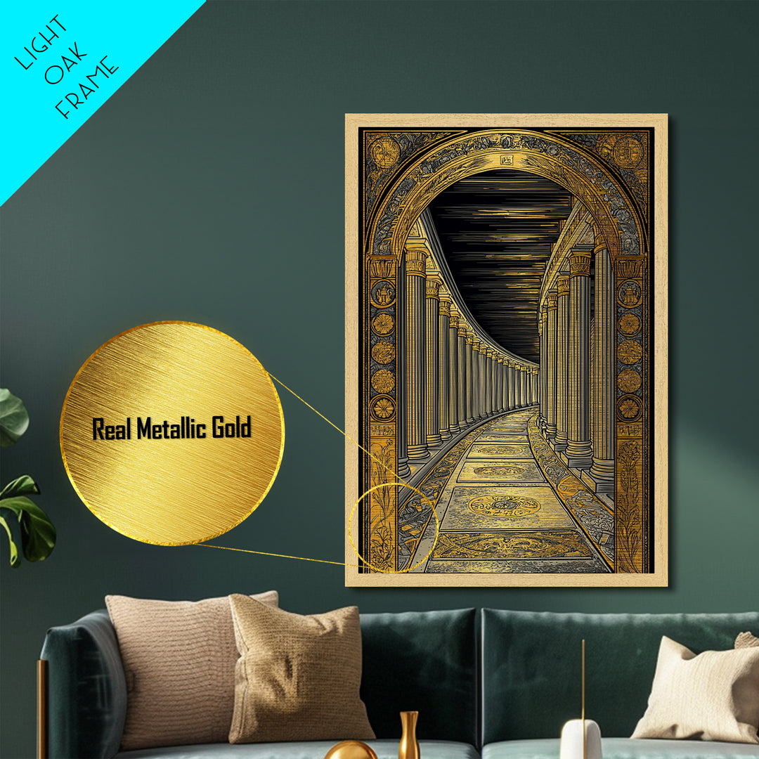 Endless Colonnade, Ancient Architecture Corridor, Metallic Gold Metal Print, Real Wood Frame Wall Art