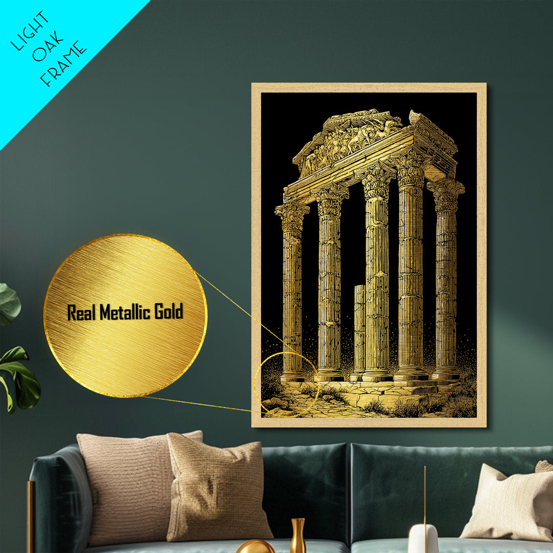Greek Temple Ruins, Timeless Classical Columns, Metallic Gold Metal Print, Real Wood Frame Wall Art