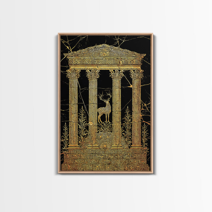 Stag At The Temple, Mythic Nature Scene, Canvas Gold Canvas Print, Real Wood Frame Wall Art