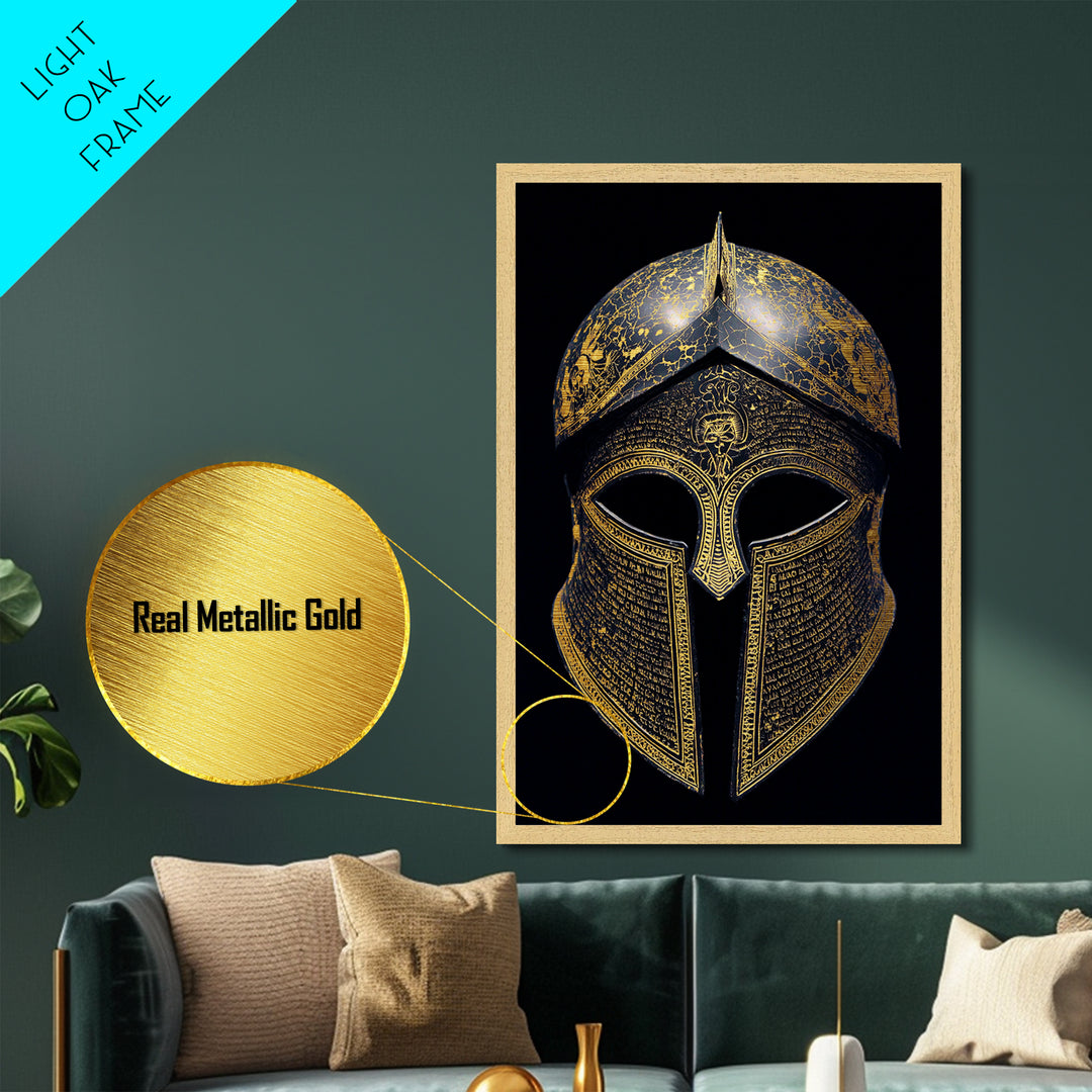 Ancient Greek Helmet with Cracked Texture and Text – Metallic Gold Art, Real Wood Frame Metal Art, Historical Spartan Wall Decor