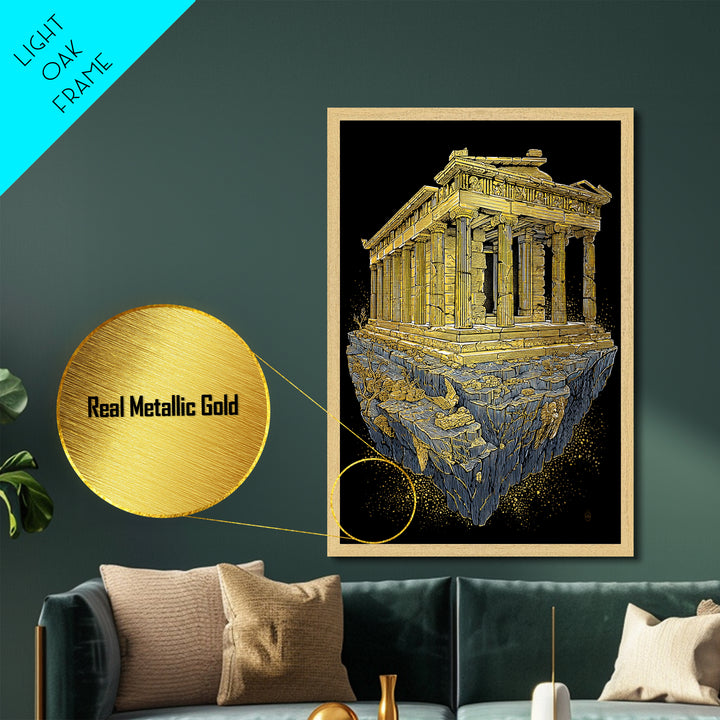Floating Ancient Temple, Surreal Greek Ruins, Metallic Gold Metal Print, Real Wood Frame Wall Art