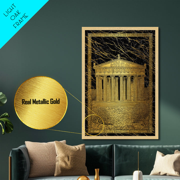 Parthenon Glory, Classical Greek Architecture, Metallic Gold Metal Print, Real Wood Frame Wall Art