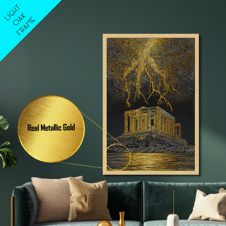 Parthenon With Lightning Storm, Dramatic Greek Myth Wall Art, Metallic Gold Metal Print, Ancient Decor, Wood Frame