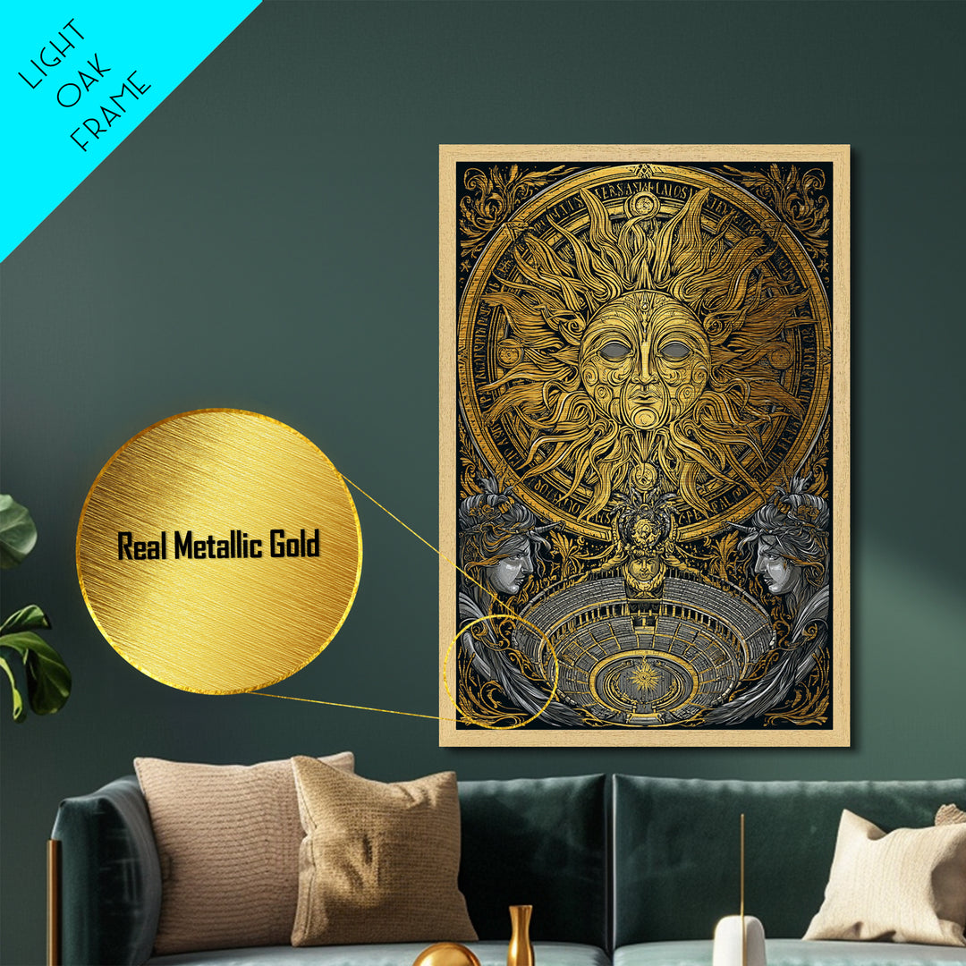 Sun God Face With Theater, Greek Mythology Wall Art, Metallic Gold Art, Dramatic Metal Print, Celestial Decor, Wood Frame