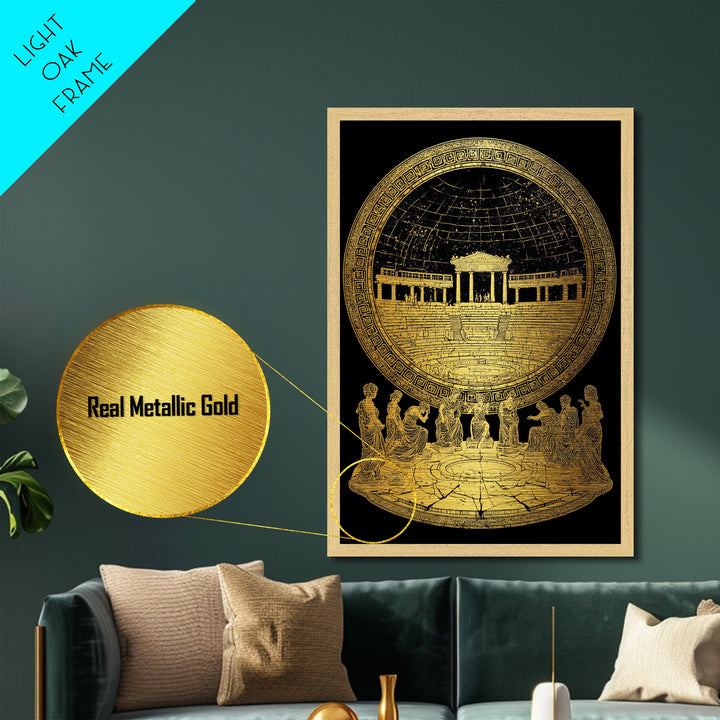 Greek Amphitheater With Muses, Ancient Mythology Wall Decor, Metallic Gold Metal Print, Classical Art, Wood Frame