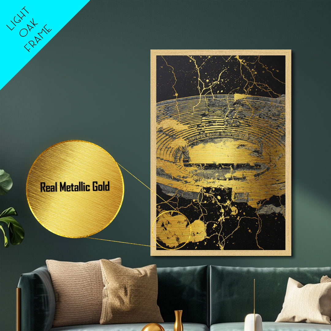 Ancient Theater Abstract, Splattered Metallic Gold Metal Print, Greek Myth Wall Art, Dramatic Decor, Wood Frame