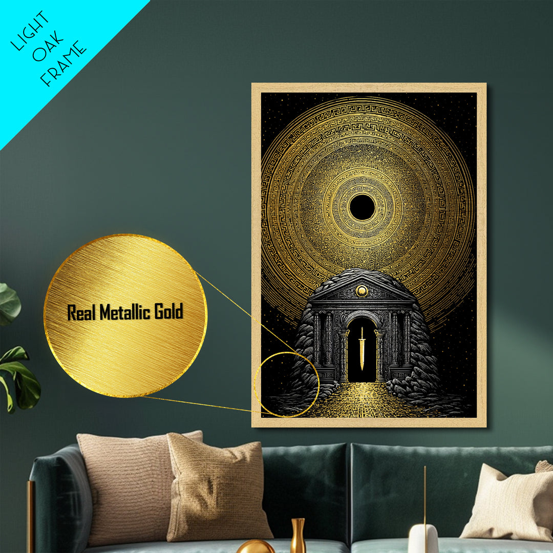 Sword Temple Cosmic Design, Mythology Wall Art, Metallic Gold Metal Print, Fantasy Decor, Ancient Architecture, Wood Frame