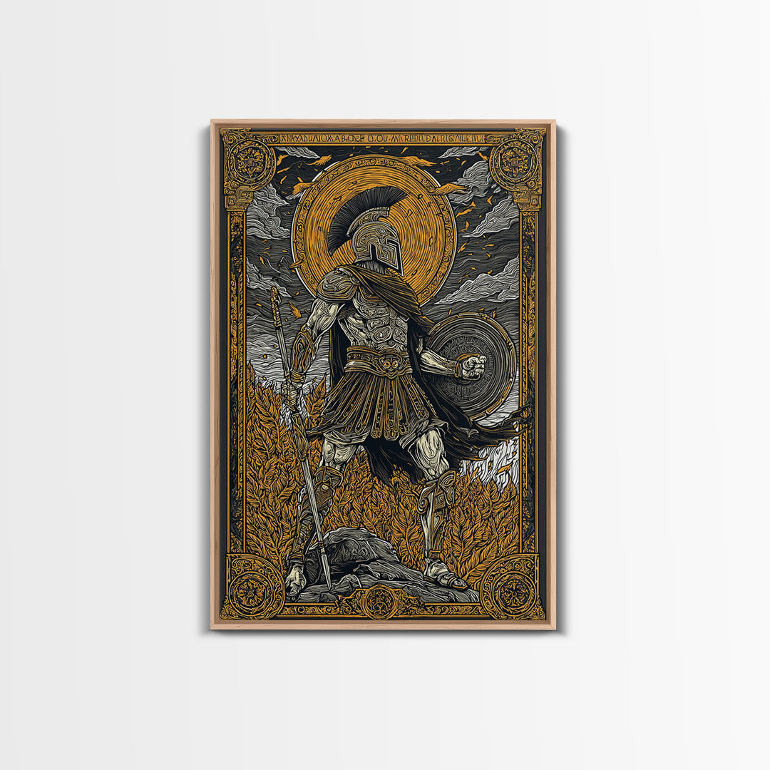 Greek Warrior With Shield, Ancient Mythology Wall Art, Canvas Gold Canvas Print, Heroic Decor, Dramatic Design, Wood Frame
