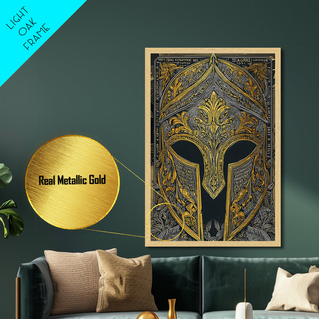 Floral Greco-Roman Helmet with Scripted Detail – Metallic Gold Art, Real Wood Framed Metal Art, Ornate Classical Warrior Print