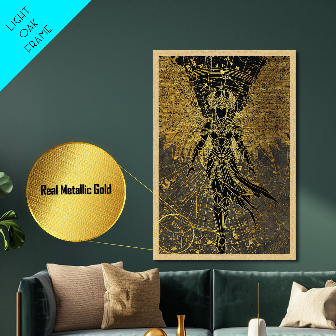 Celestial Angel Warrior, Astral Mythology Wall Art, Metallic Gold Metal Print, Fantasy Decor, Cosmic Figure, Wood Frame