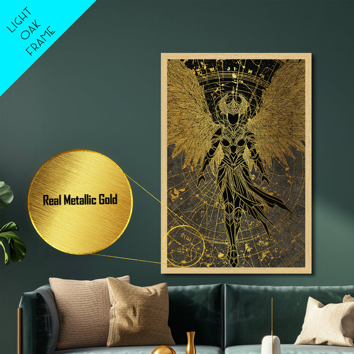 Celestial Angel Warrior, Astral Mythology Wall Art, Metallic Gold Metal Print, Fantasy Decor, Cosmic Figure, Wood Frame
