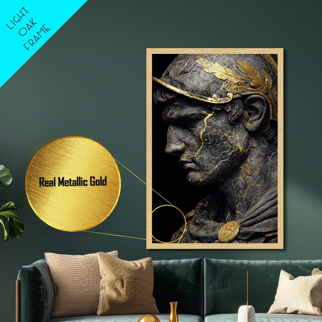 Roman Bust Statue, Classical Sculpture Wall Art, Metallic Gold Metal Print, Ancient Decor, Regal Design, Wood Frame