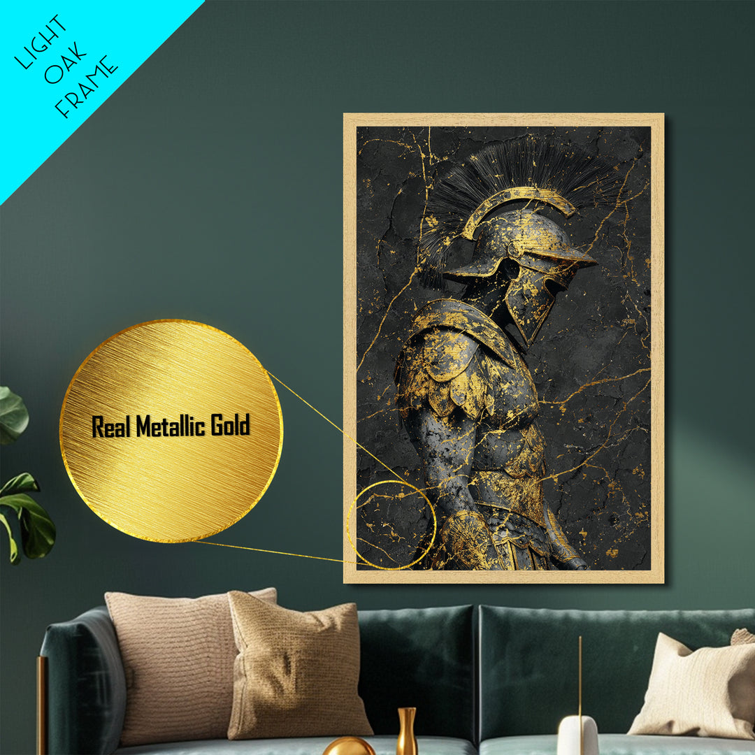 Roman Soldier Statue, Metallic Gold Metal Print, Ancient Warrior Wall Art, Real Wood Frame, Luxury Mythology Home Decor