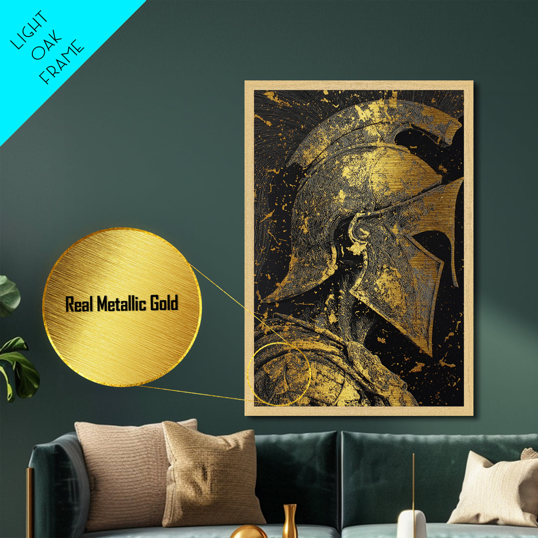 Greek Warrior Helmet, Metallic Gold Art, Ancient Soldier Wall Print, Mythology Decor, Real Wood Framed Metal Artwork