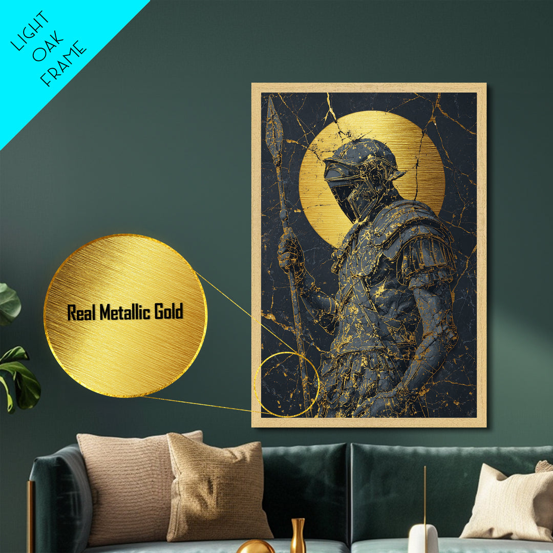Spartan Warrior With Spear, Metallic Gold Metal Print, Ancient Soldier Wall Art, Real Wood Frame Decor, Luxury Mythology