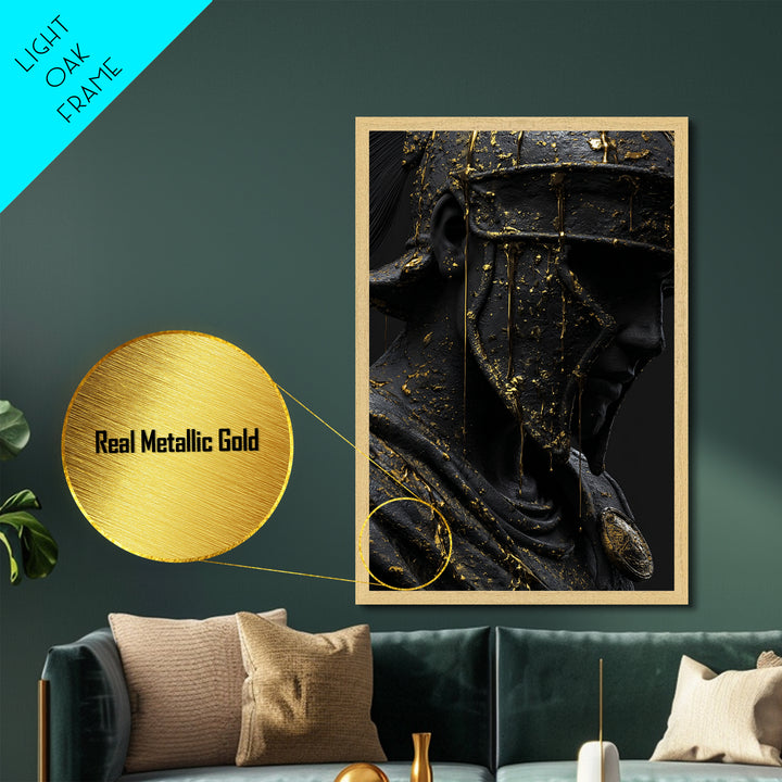 Spartan Warrior Bust, Metallic Gold Art, Ancient Helmet Metal Print, Real Wood Frame Wall Decor, Luxury Mythology Artwork