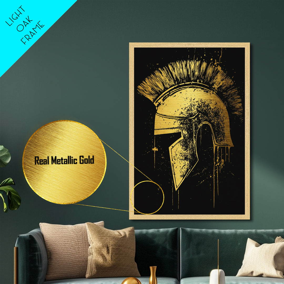 Spartan Helmet Illustration, Metallic Gold Metal Print, Ancient Warrior Wall Art, Real Wood Framed Mythology Decor