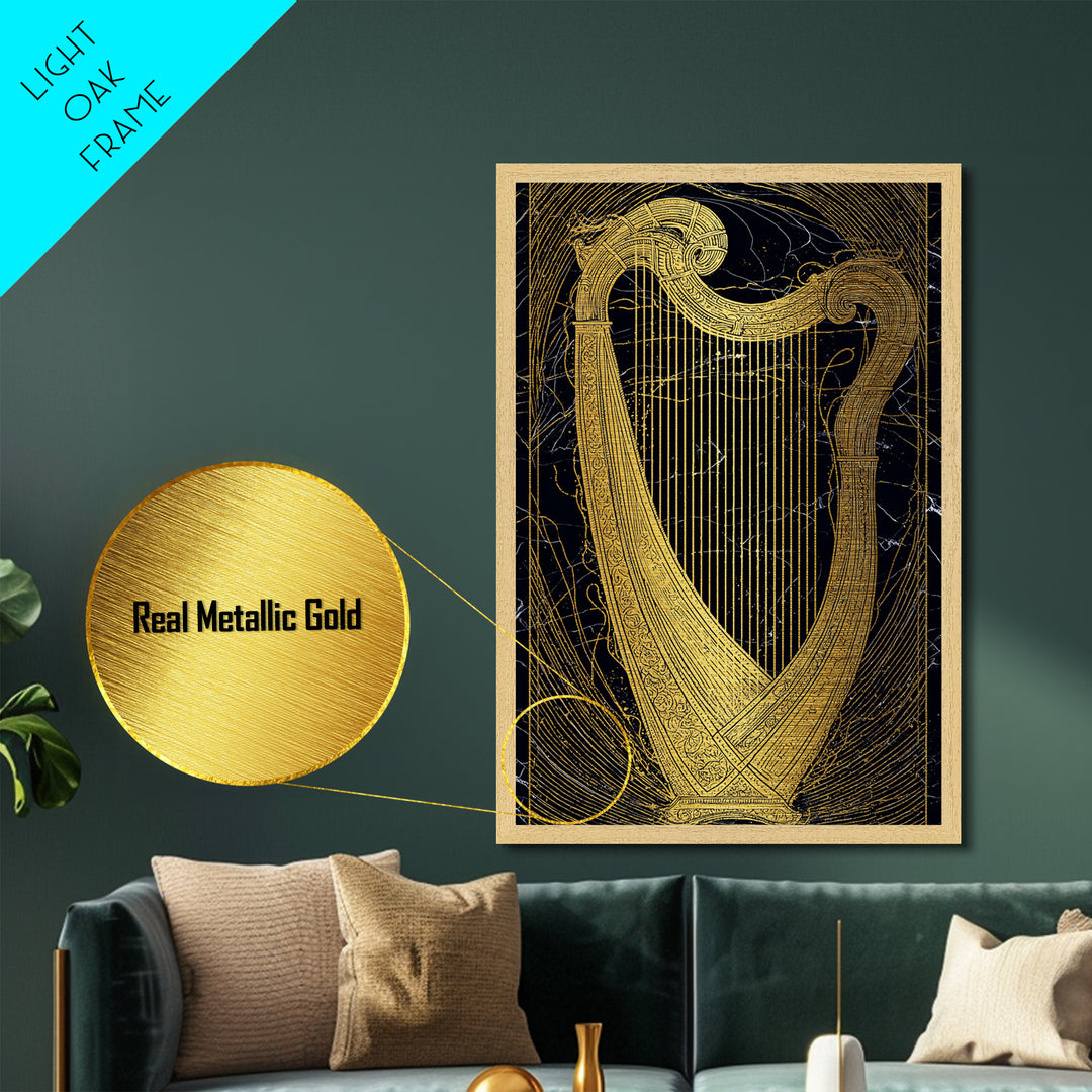 Golden Harp on Marble with Ornamental Lines – Metallic Gold Art, Metal Art in Real Wood Frame, Classical Music Instrument Decor