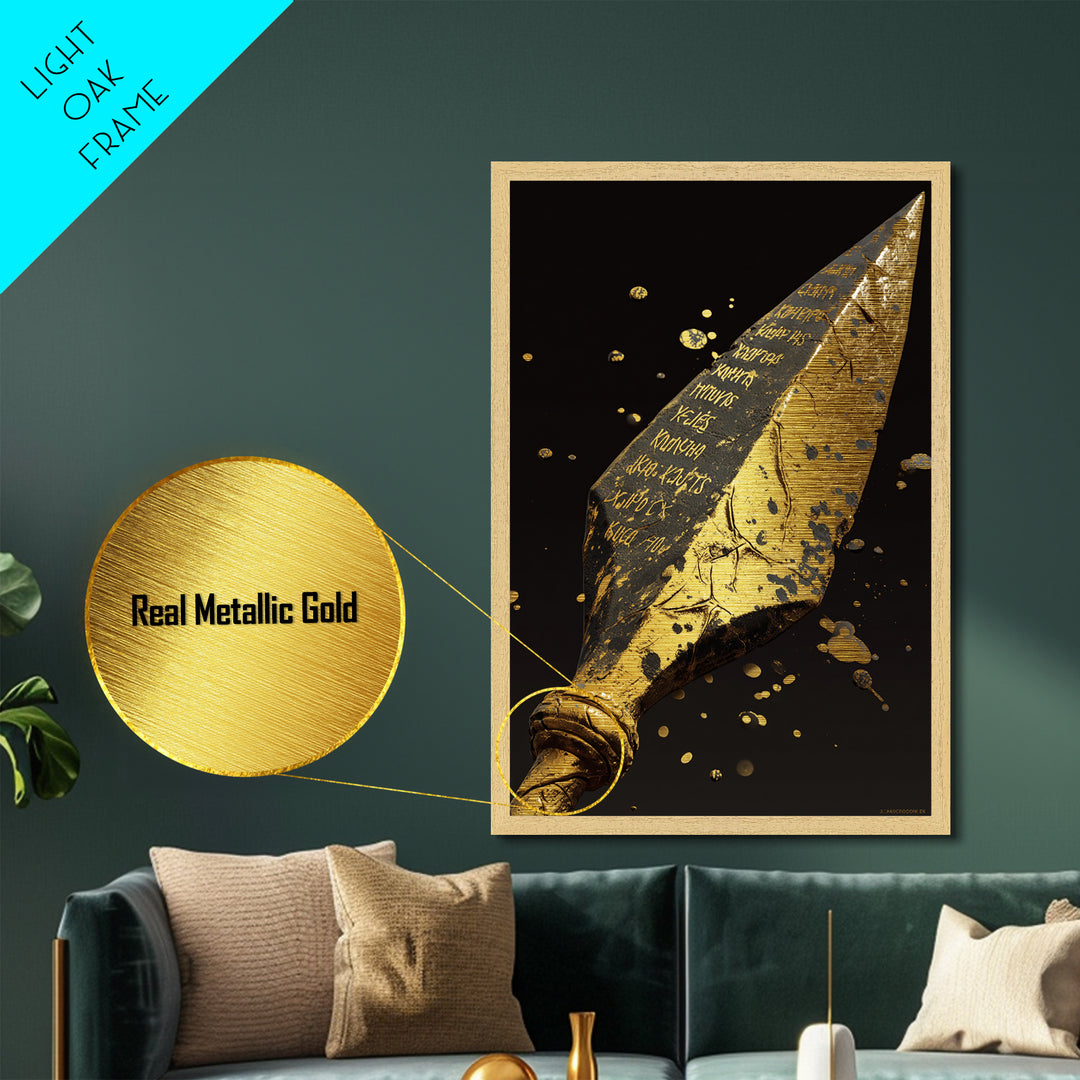 Inscribed Greek Spearhead in Motion Splash – Metallic Gold Art, Warrior Weapon Real Wood Framed Metal Art, Spartan Weapon Decor