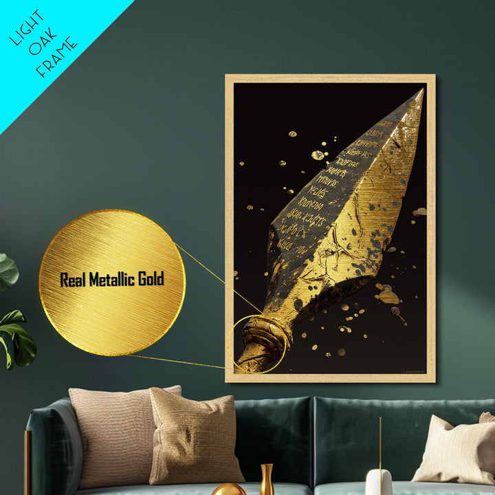 Inscribed Greek Spearhead in Motion Splash – Metallic Gold Art, Warrior Weapon Real Wood Framed Metal Art, Spartan Weapon Decor
