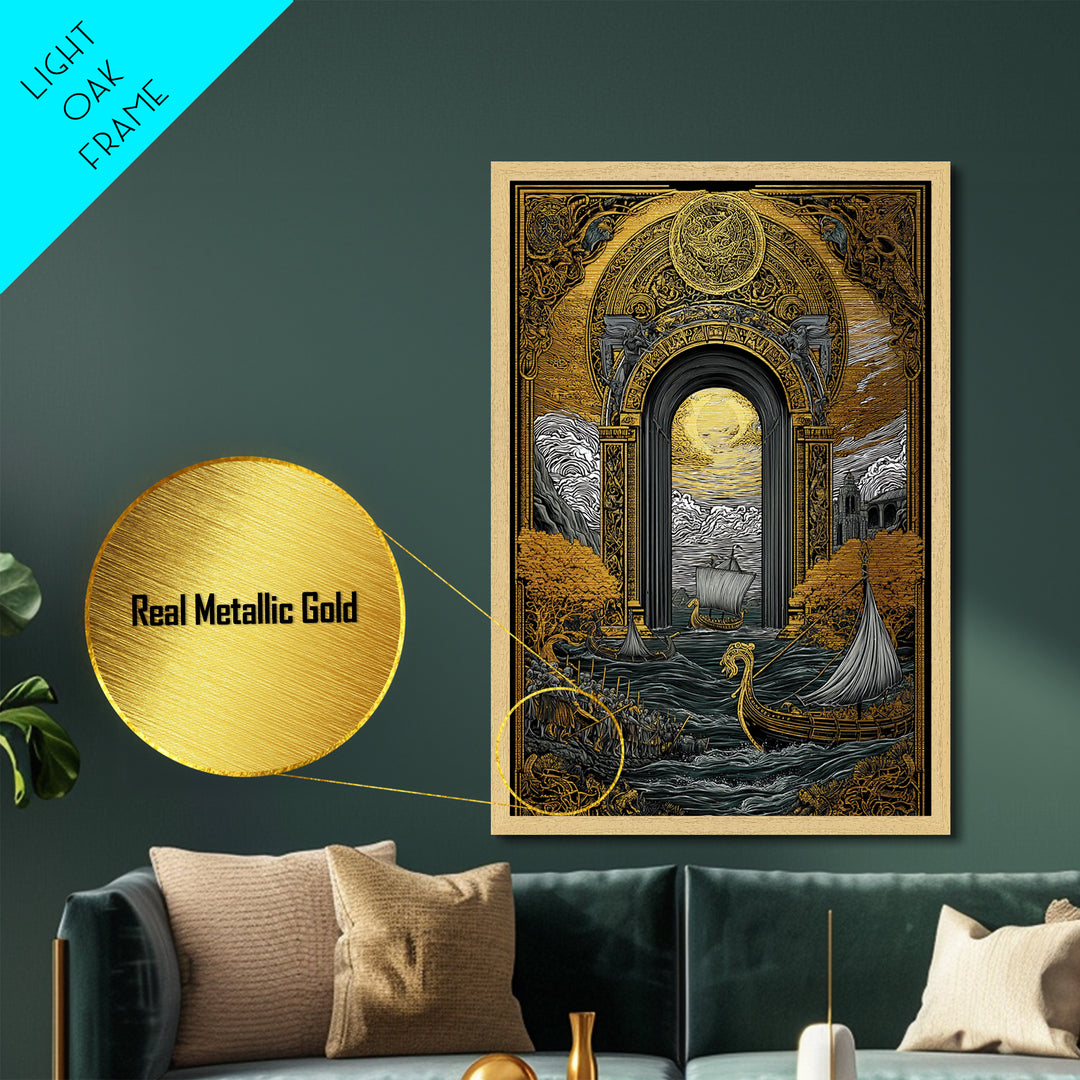 Viking Longships Through Mythic Gate – Metallic Gold Art, Epic Seafaring Metal Art in Real Wood Frame, Norse Voyage Wall Print