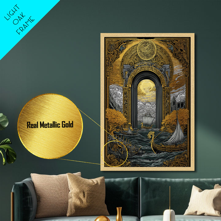 Viking Longships Through Mythic Gate – Metallic Gold Art, Epic Seafaring Metal Art in Real Wood Frame, Norse Voyage Wall Print