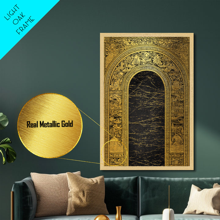 Ancient Greek Archway with Myth Scenes – Metallic Gold Art, Classical Panel Metal Art with Real Wood Frame, Temple Wall Decor