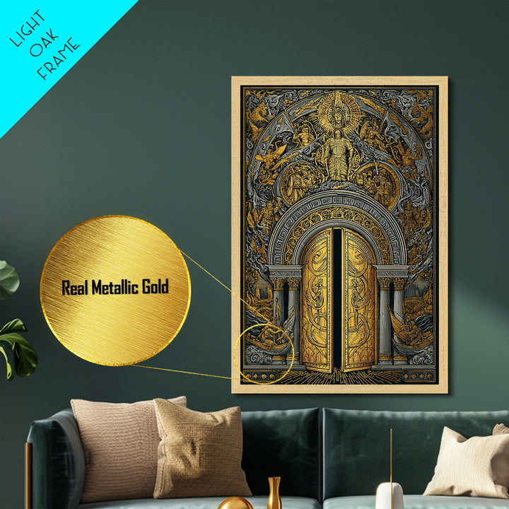 Byzantine Portal of Angels and Kings – Metallic Gold Art, Medieval Religious Metal Art in Real Wood Frame, Sacred History Wall Art