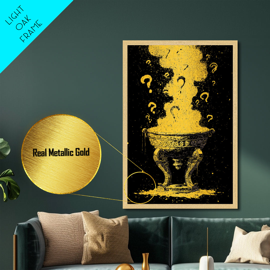 Golden Oracle Bowl with Rising Smoke – Metallic Gold Art, Mystical Ritual Metal Art Framed in Real Wood, Ancient Prophecy Decor