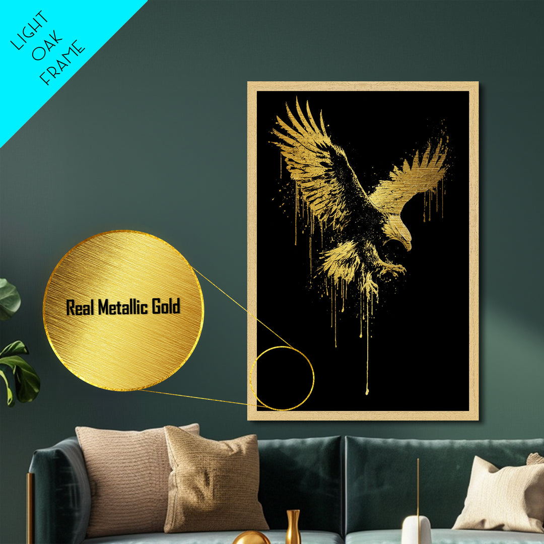 Flying Gold Splatter Eagle in Mid-Descent – Metallic Gold Art, Real Wood Framed Metal Art, Dynamic Bird of Prey Wall Statement