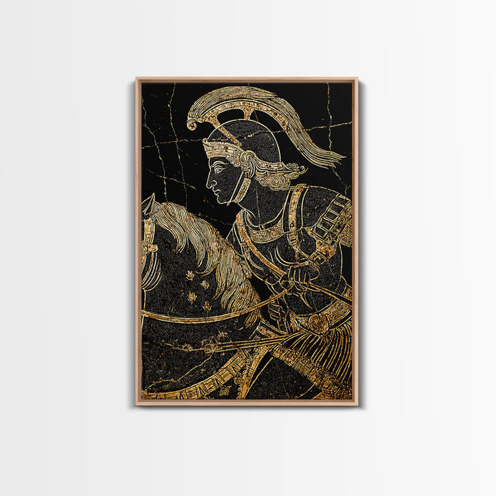 Ancient Greek Vase-Inspired Horseback Warrior – Canvas Gold Art, Classic Antiquity Linework Canvas Art, Mythic Wall Decor