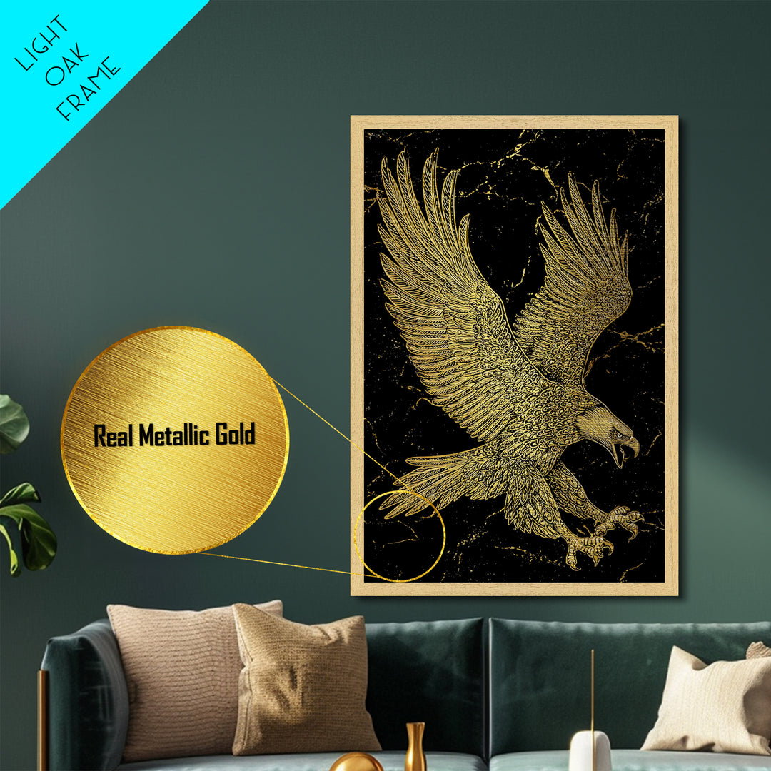 Detailed Golden Eagle with Spread Wings – Metallic Gold Art, Precision Linework Metal Art in Real Wood Frame, Regal Animal Decor