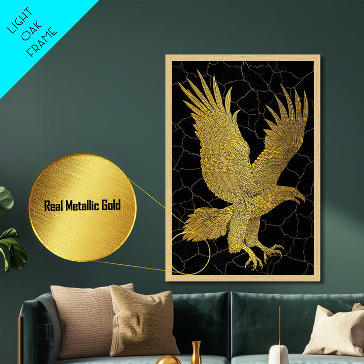 Golden Eagle Metal Art, Metal Print in Metallic Gold, Framed Metal Wall Art with Real Wood Frame, Black Background Luxury Wildlife Decor