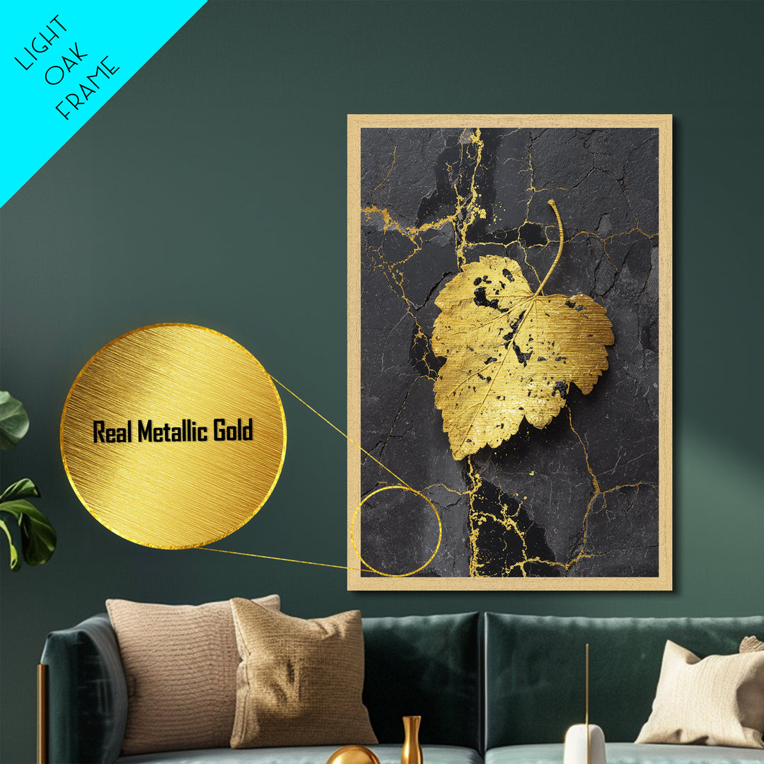 Gold Leaf on Black Marble Metal Art, Metallic Gold Metal Print, Framed Metal Wall Art with Real Wood Frame, Minimalist Modern Decor