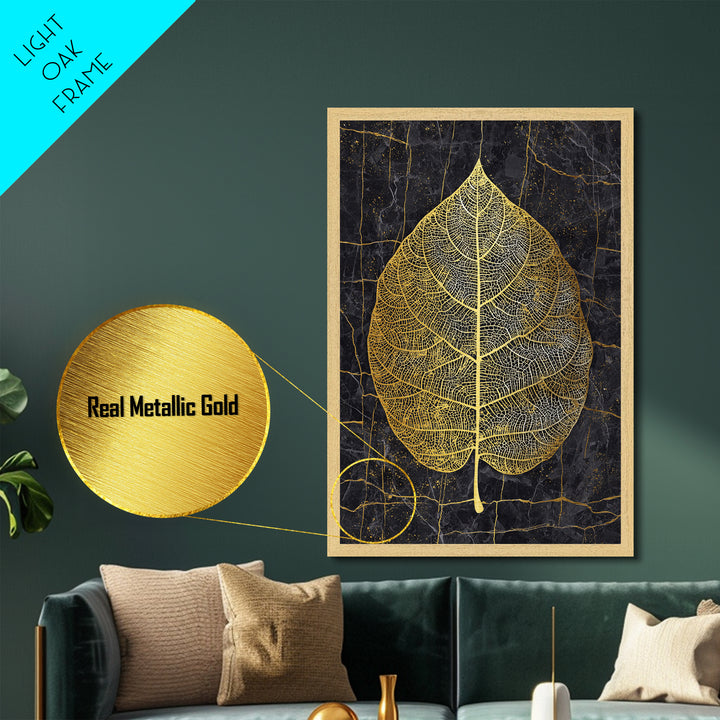 Skeleton Leaf Botanical Metal Art, Metallic Gold Metal Print, Framed Metal Wall Art with Real Wood Frame, Black Marble Nature Decor