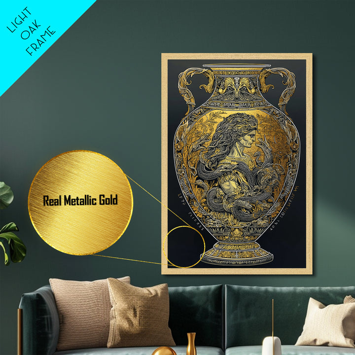 Medusa Greek Vase Metal Art, Metallic Gold Metal Print, Framed Metal Wall Art with Real Wood Frame, Mythology Classical Decor