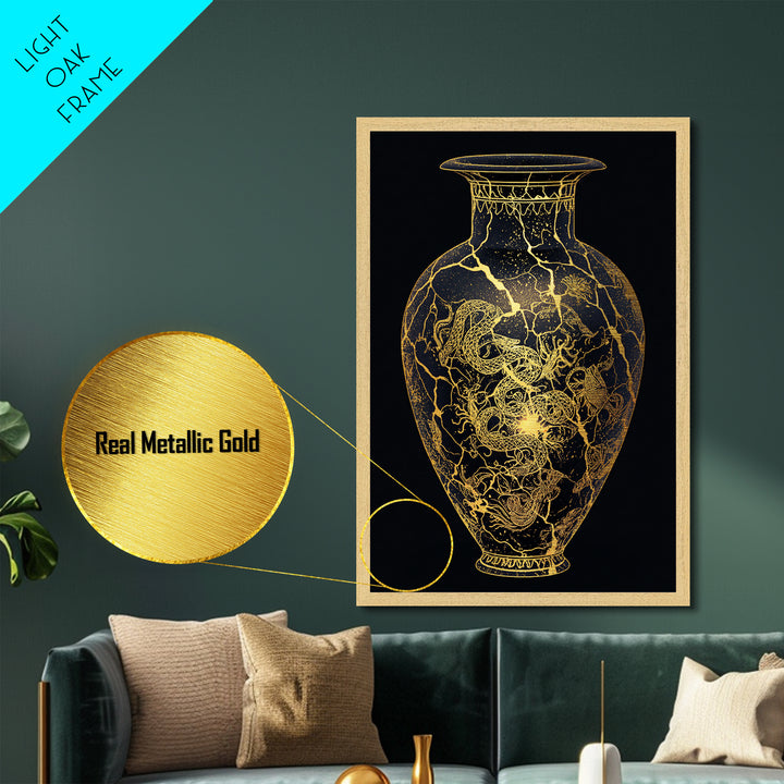 Kintsugi Serpent Vase Metal Art, Metallic Gold Metal Print, Framed Metal Wall Art with Real Wood Frame, Celestial Night Sky Decor
