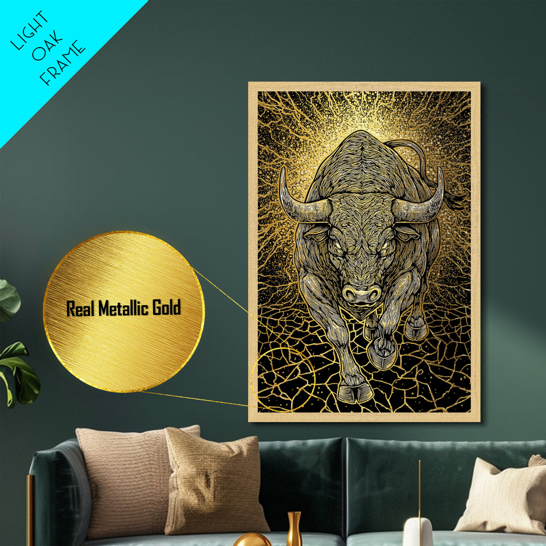 Charging Bull Metal Art, Metallic Gold Metal Print, Framed Metal Wall Art with Real Wood Frame, Powerful Animal Gallery Decor